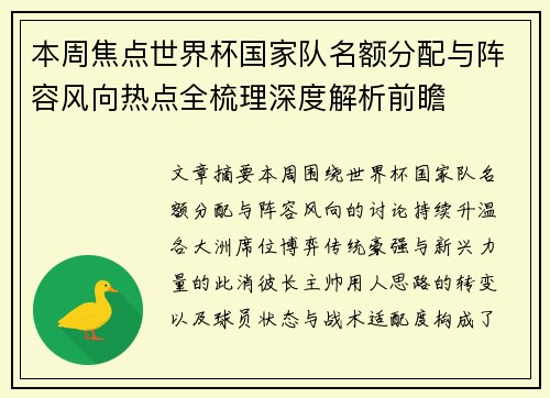 本周焦点世界杯国家队名额分配与阵容风向热点全梳理深度解析前瞻
